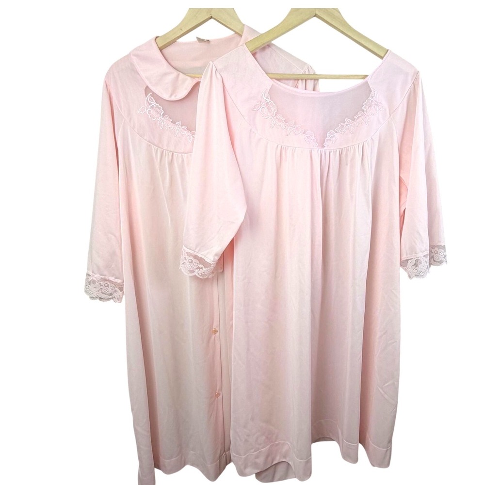 Vintage Texsheen Peignoir Set XXL Pink Nylon Robe Nightgown Lace
